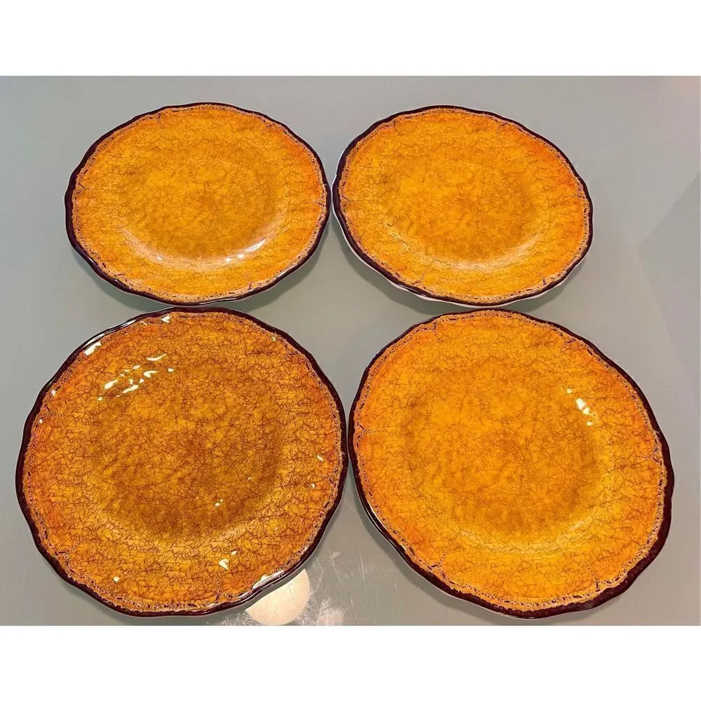 Lot of 4 Citrus Grove Melamine Dinner Plates Yellow Brown Crackle Look BPA FREE
